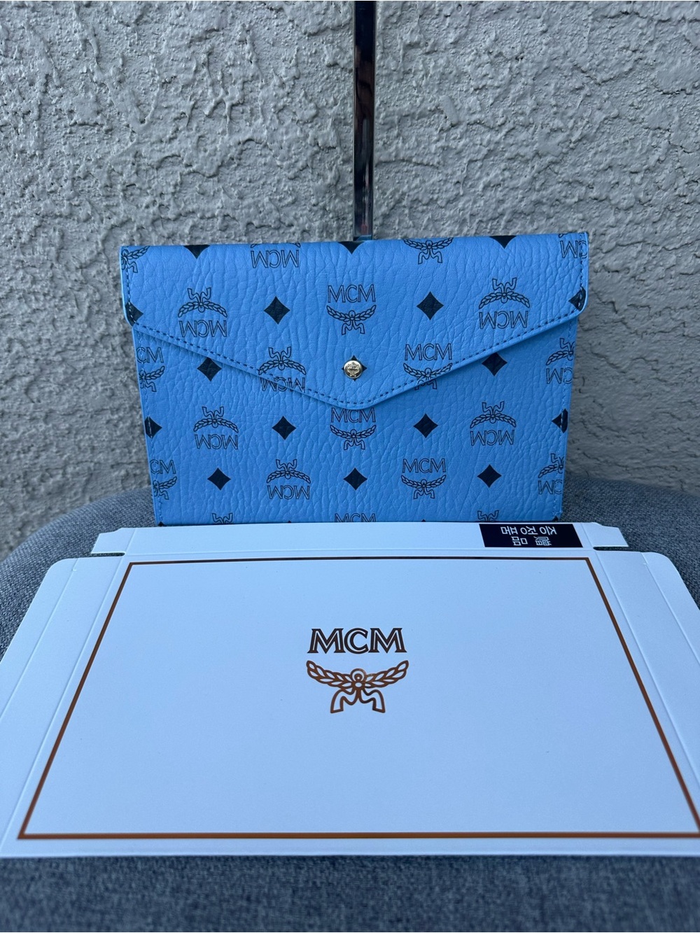 MCM Light Blue Monogram Envelope Wallet with Gold Snap (GWP)